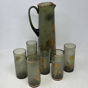 Bohemian Art Pitcher & 6 Glasses Olive Czechoslovakia Gold Floral Motif 1970